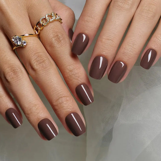 32Press-on nail tips, dark brown chocolate color, solid color, wearable, removable, pre-made false nail stickers