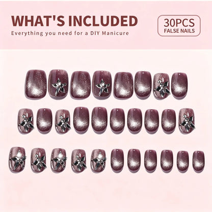 30Pink gel nail polish, Maillard glass beads, five-pointed star design, handmade cat-eye false nails, nail art stickers, and press-on nails