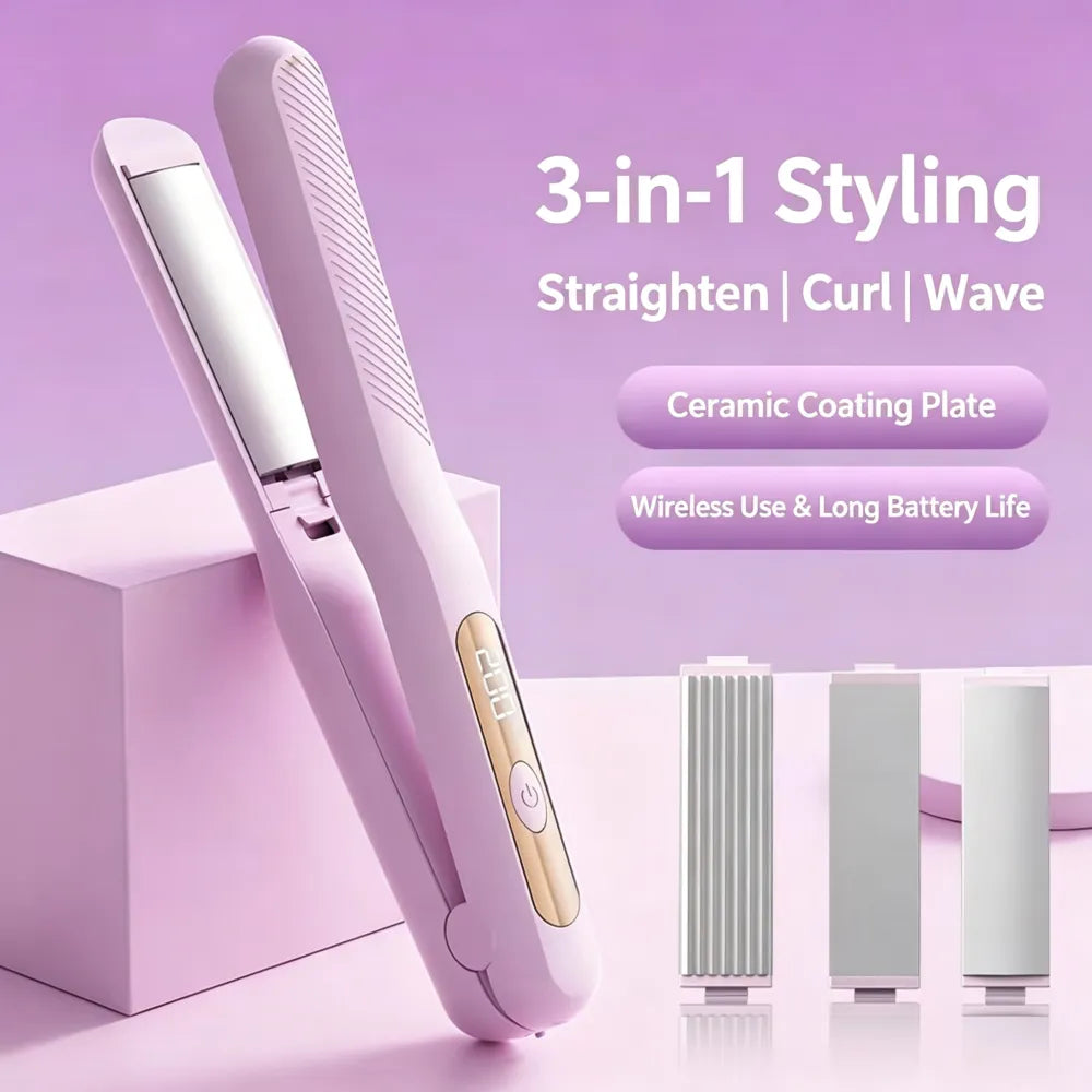 3‑in‑1 Interchangeable Hair Styling Iron, Cordless Flat Iron & Curling Wand, Rechargeable Wireless Hair Straightener for Fluffy Hairstyle