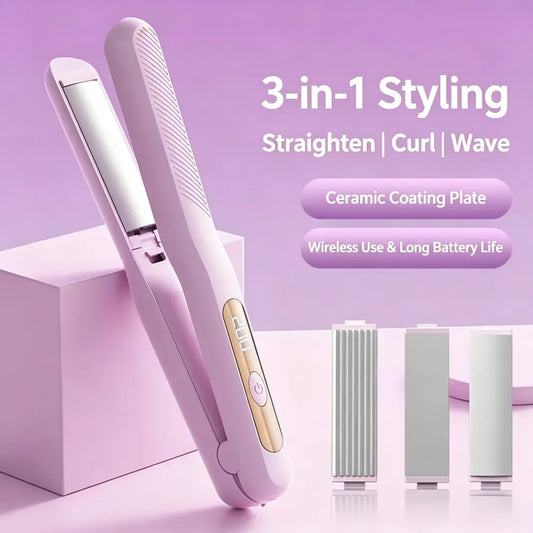 3‑in‑1 Interchangeable Hair Styling Iron, Cordless Flat Iron & Curling Wand, Rechargeable Wireless Hair Straightener for Fluffy Hairstyle