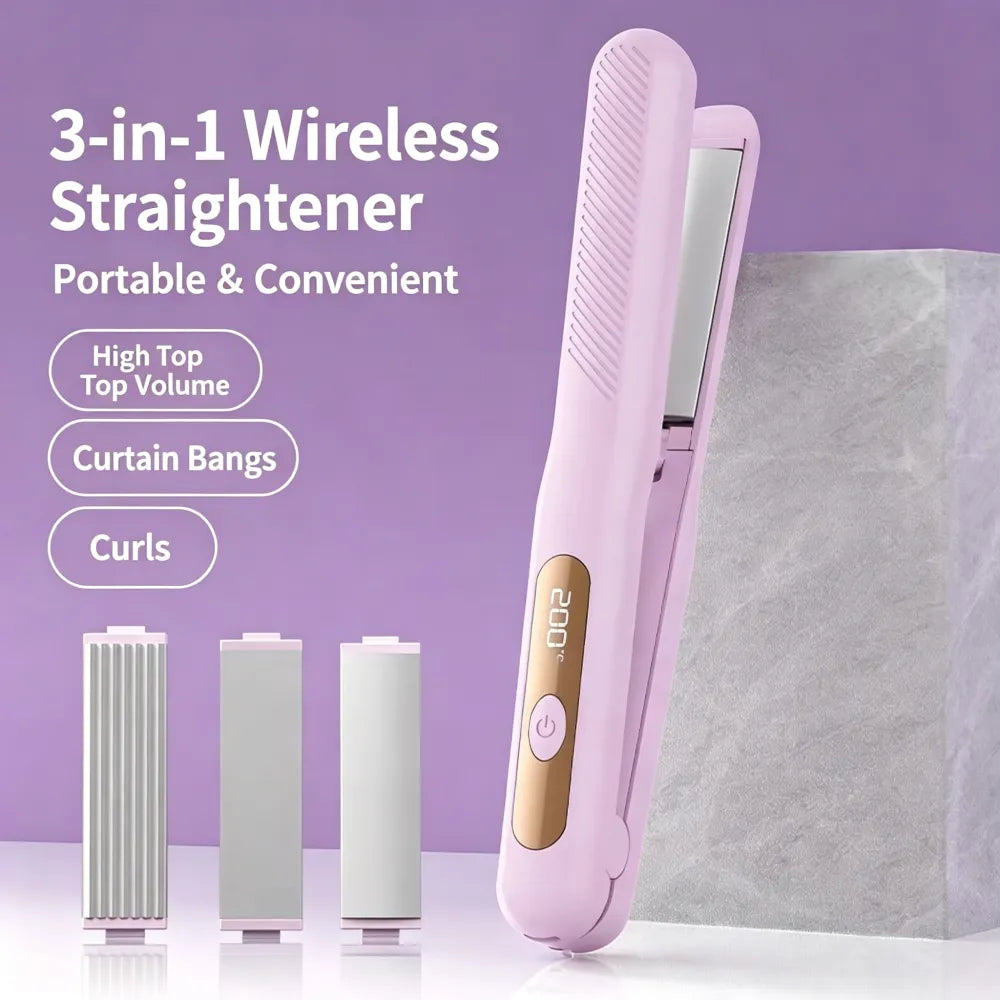 3‑in‑1 Interchangeable Hair Styling Iron, Cordless Flat Iron & Curling Wand, Rechargeable Wireless Hair Straightener for Fluffy Hairstyle