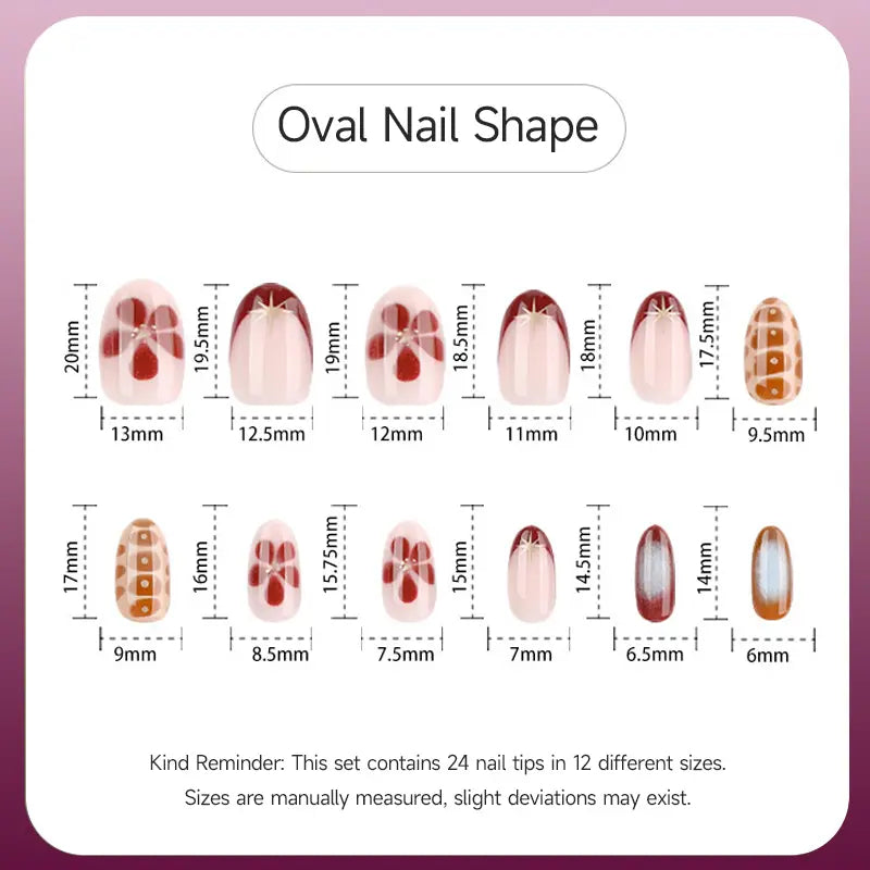 Winter French Style Short Oval Press On Nails, Retro Red Flower Pattern Fake Nails, Glue On Nails For Daily & Party