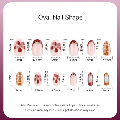 Winter French Style Short Oval Press On Nails, Retro Red Flower Pattern Fake Nails, Glue On Nails For Daily & Party