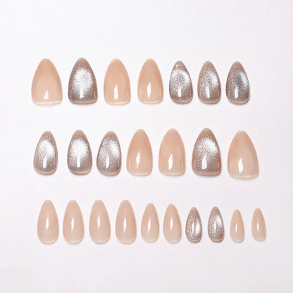Sweet-style crystal cat-eye nail art, short almond-shaped nails in nude colors, removable and ready-to-wear artificial nails