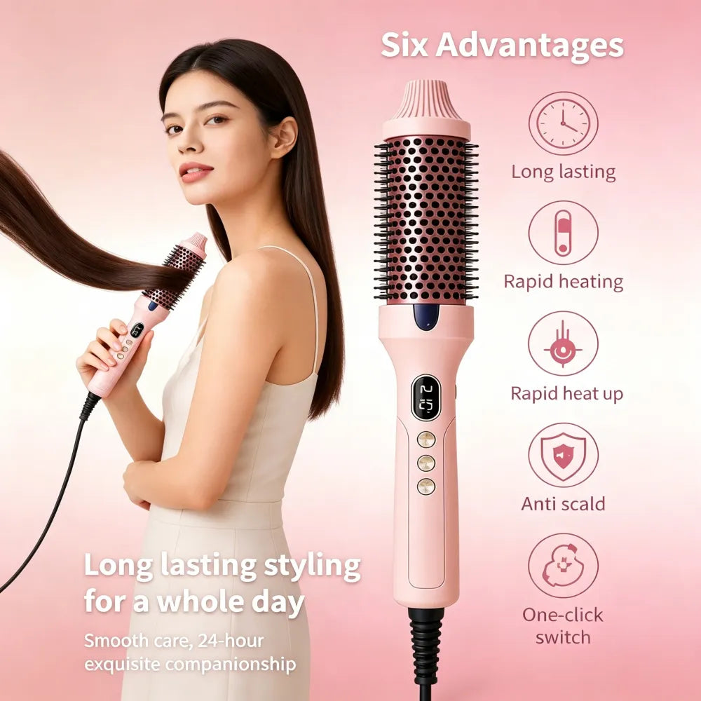 Fluffy Styling Hot Comb, 2‑in‑1 Straight & Curling Hair Iron, Dual PTC Heating Hair Curler with Red‑Light Hair Care Function