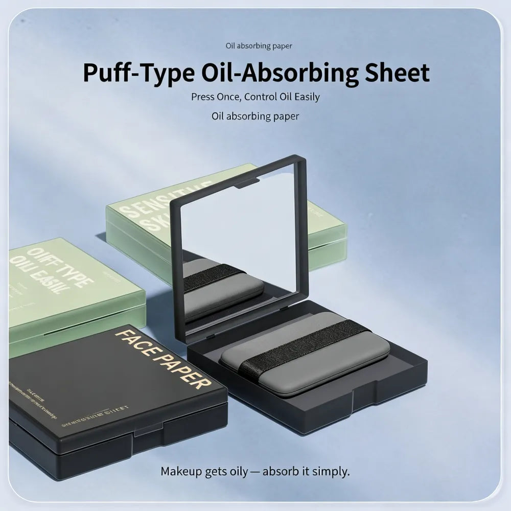 Portable Oil Blotting Papers for Face, Oil Control Absorbing Sheets with Powder Puff, Matte Finish for Men and Women