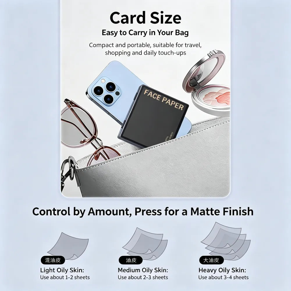 Portable Oil Blotting Papers for Face, Oil Control Absorbing Sheets with Powder Puff, Matte Finish for Men and Women