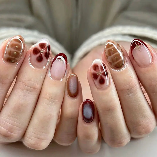 Winter French Style Short Oval Press On Nails, Retro Red Flower Pattern Fake Nails, Glue On Nails For Daily & Party