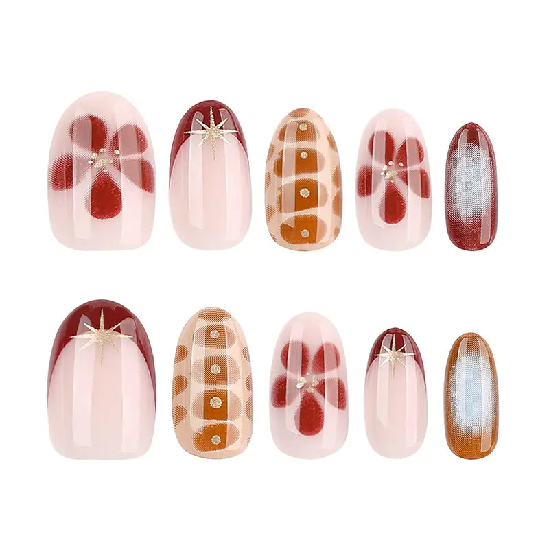 Winter French Style Short Oval Press On Nails, Retro Red Flower Pattern Fake Nails, Glue On Nails For Daily & Party