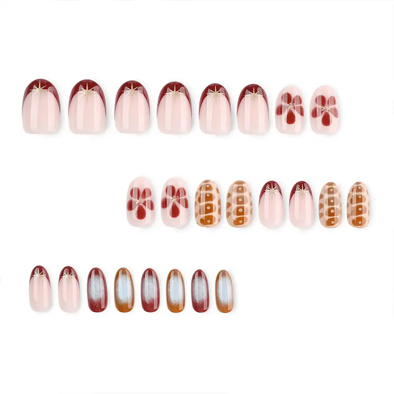 Winter French Style Short Oval Press On Nails, Retro Red Flower Pattern Fake Nails, Glue On Nails For Daily & Party