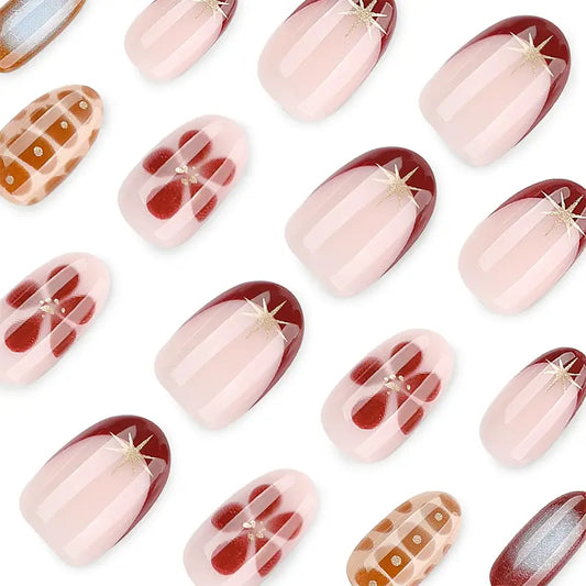 Winter French Style Short Oval Press On Nails, Retro Red Flower Pattern Fake Nails, Glue On Nails For Daily & Party