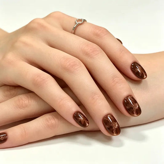 Vintage Amber Marbling Short Oval Press On Nails, Handmade