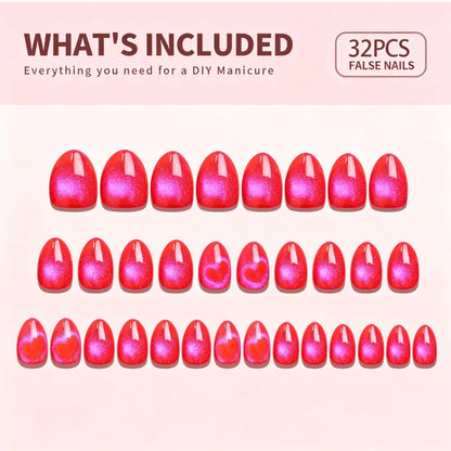 32PcsNails16Size Gel soft nail, dragon fruit, cat-eye false nails, nail art stickers, wearable nail tips