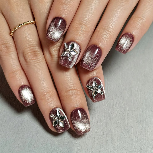 30Pink gel nail polish, Maillard glass beads, five-pointed star design, handmade cat-eye false nails, nail art stickers, and press-on nails