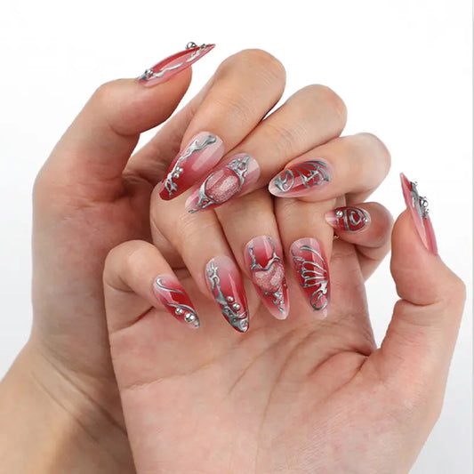 Red Y2K Butterfly & Heart Press On Nails, Silver Foil False Nails, Exquisite & Elegant Wearable Nail Art for Autumn & Winter