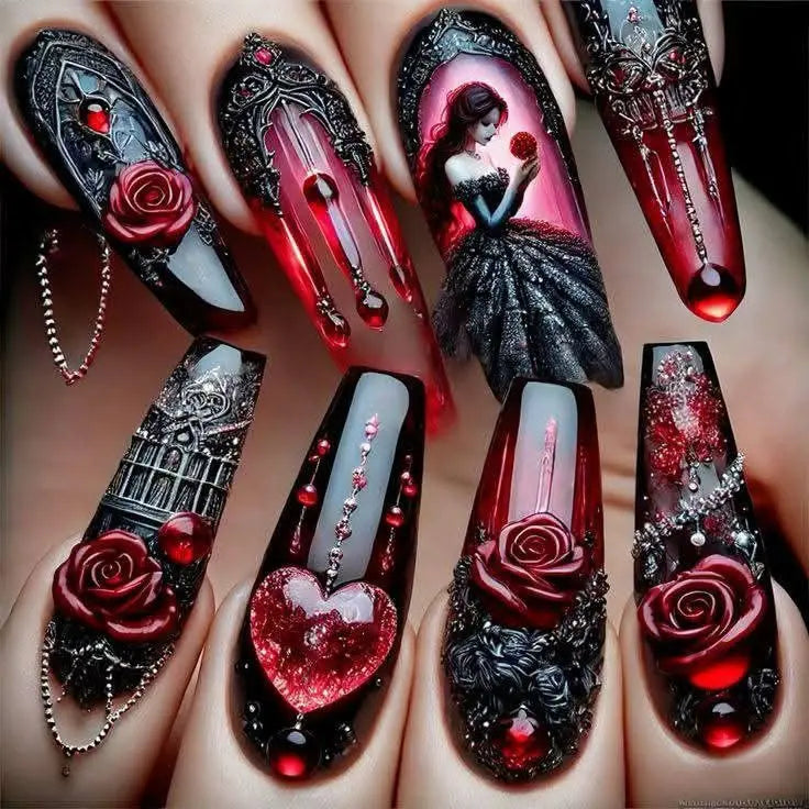 Gothic Rose Press-On Nails | 24Pcs Long Ballet False Nails, Dark Red Vampire Nail Art Kit