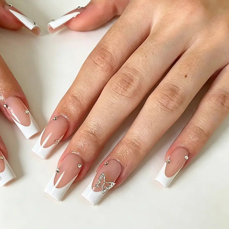 Elegant long square press-on nails in nude & white French tip