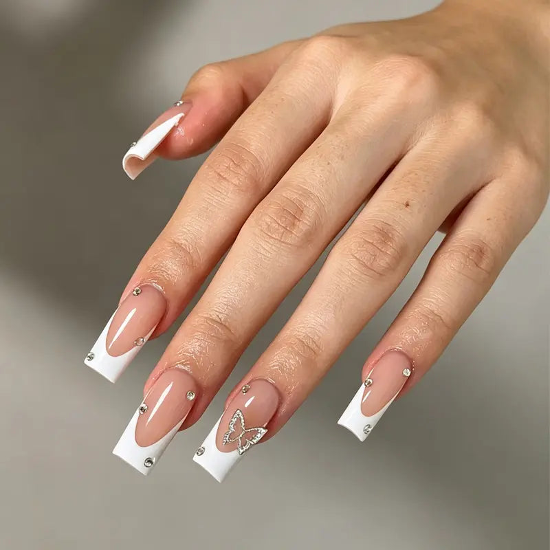 Elegant long square press-on nails in nude & white French tip