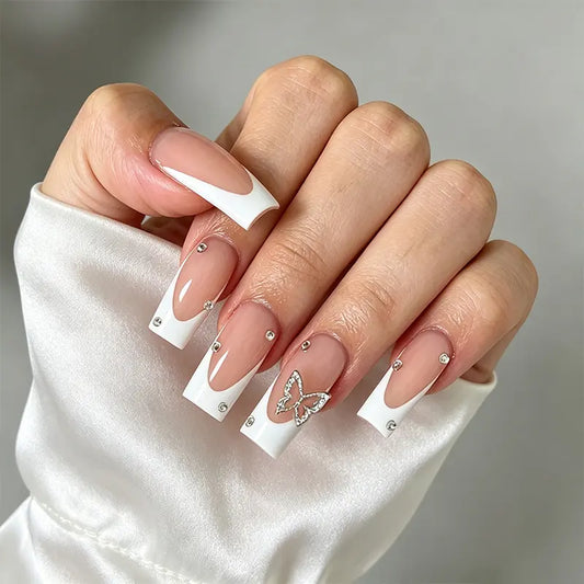 Elegant long square press-on nails in nude & white French tip